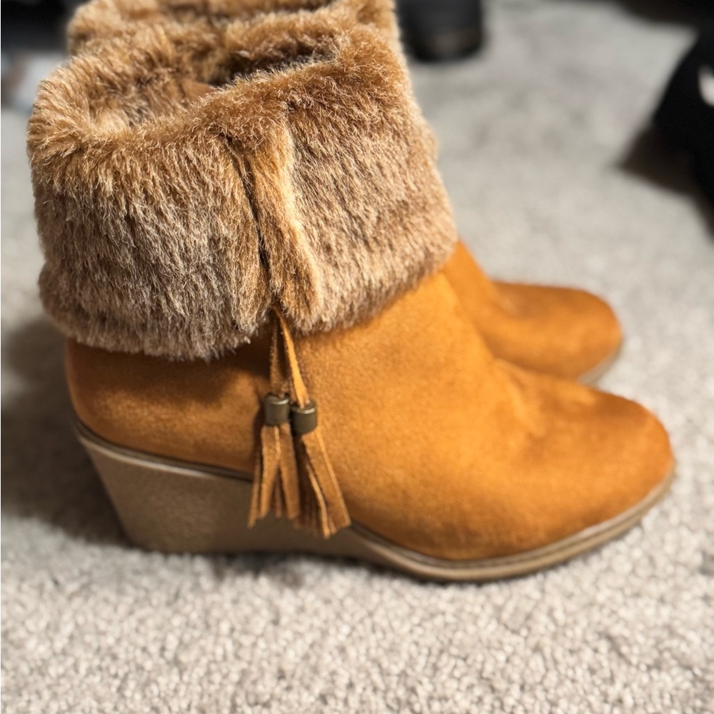 Ashley Stewart Fur Tan Ankle Booties Suede Slip-On